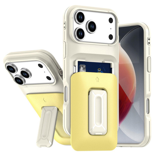 iPhone 17 Pro Sliding Card Holder Integrated Phone Case with Kickstand - Beige Yellow