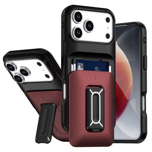 iPhone 17 Pro Sliding Card Holder Integrated Phone Case with Kickstand - Black Red