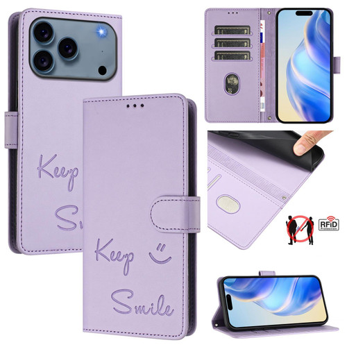 iPhone 17 Pro Smile Embossing RFID Leather Phone Case - Light Purple