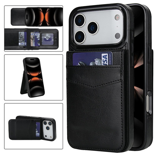 iPhone 17 Pro Solid Color Card Slots Bracket PU Phone Case - Black