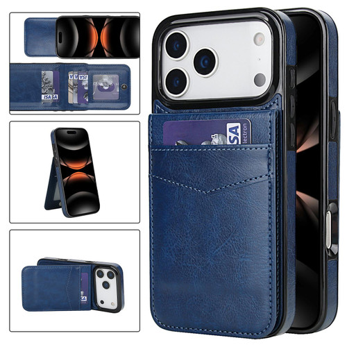 iPhone 17 Pro Solid Color Card Slots Bracket PU Phone Case - Blue
