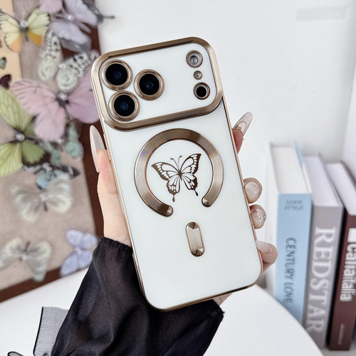 iPhone 17 Pro Solid Color Side Electroplating Butterfly MagSafe TPU Phone Case - White