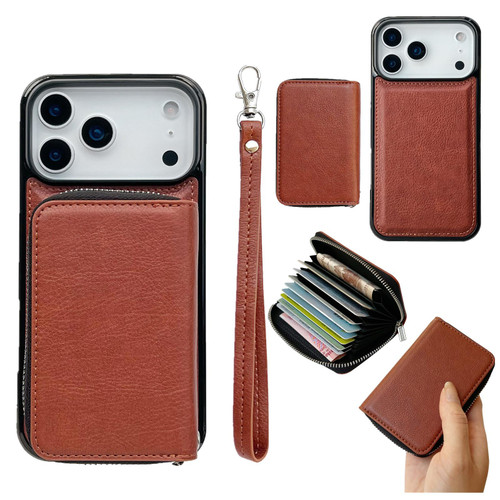 iPhone 17 Pro Solid Color Zipper 11-Card Slots Bag Phone Case with Lanyard - Brown