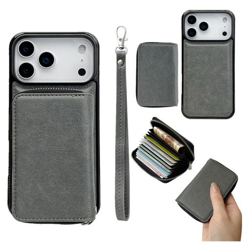 iPhone 17 Pro Solid Color Zipper 11-Card Slots Bag Phone Case with Lanyard - Grey