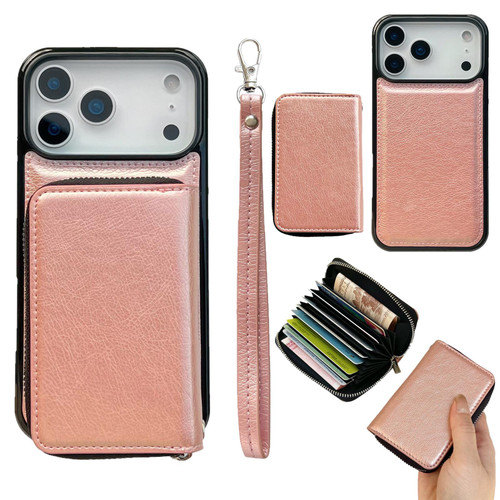 iPhone 17 Pro Solid Color Zipper 11-Card Slots Bag Phone Case with Lanyard - Rose Gold