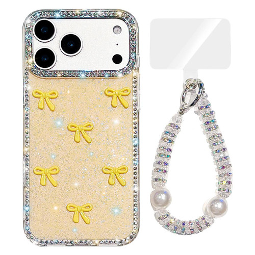 iPhone 17 Pro Sparkling IMD Colorful Bow Phone Case with Bracelet - Glitter Light Yellow