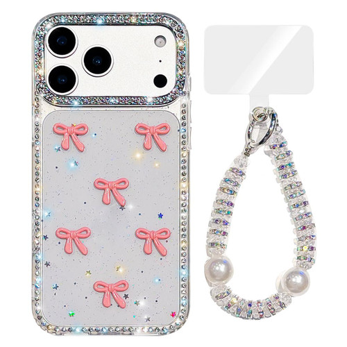 iPhone 17 Pro Sparkling IMD Colorful Bow Phone Case with Bracelet - Glitter White