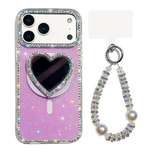 iPhone 17 Pro Sparkling IMD Heart-Shaped Mirror Magnetic Phone Case with Bracelet - Glitter Light Purple