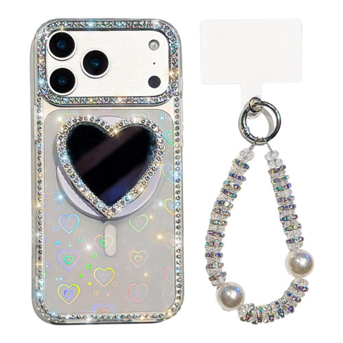 iPhone 17 Pro Sparkling IMD Heart-Shaped Mirror Magnetic Phone Case with Bracelet - Love Transparent