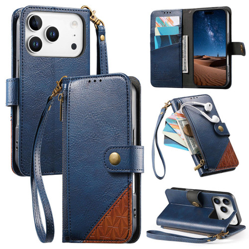 iPhone 17 Pro Splicing Zipper Wallet Vegan Leather Phone Case with Strap - Blue