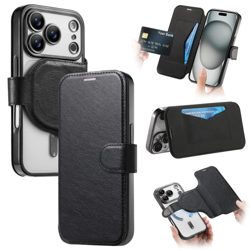 iPhone 17 Pro Splitable Electroplated MagSafe RFID Anti-theft Leather Phone Case with Lens Film - Black