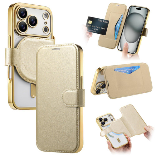 iPhone 17 Pro Splitable Electroplated MagSafe RFID Anti-theft Leather Phone Case with Lens Film - Gold