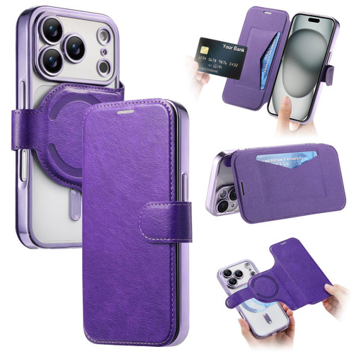 iPhone 17 Pro Splitable Electroplated MagSafe RFID Anti-theft Leather Phone Case with Lens Film - Purple