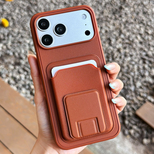 iPhone 17 Pro Square Folding Card Bag Holder Phone Case - Brown