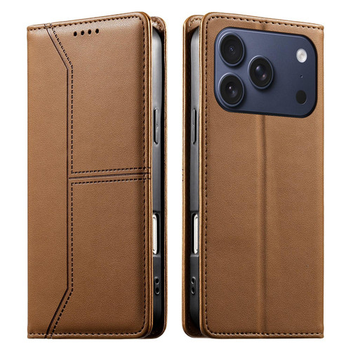 iPhone 17 Pro Stitched Line Magnetic RFID Vegan Leather Phone Case - Brown