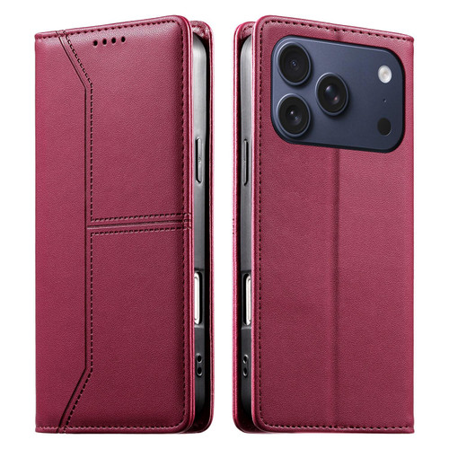 iPhone 17 Pro Stitched Line Magnetic RFID Vegan Leather Phone Case - Wine Red