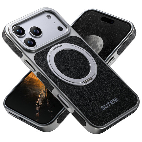 iPhone 17 Pro Suteni G6 Crazy Horse Texture Electroplated 360 Rotation Holder Magnetic Phone Case - Black
