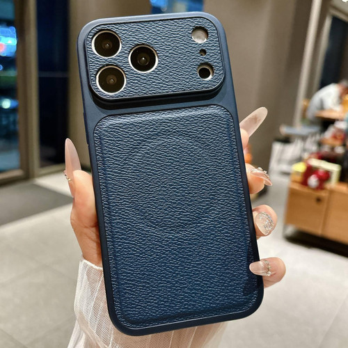 iPhone 17 Pro Transforms Into 17 Large Window Litchi Texture Magnetic Phone Case - Dark Blue