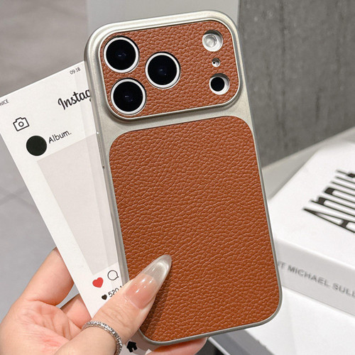 iPhone 17 Pro Transforms Into 17 Series Large Window Frosted Lychee Texture Phone Case - Dark Brown