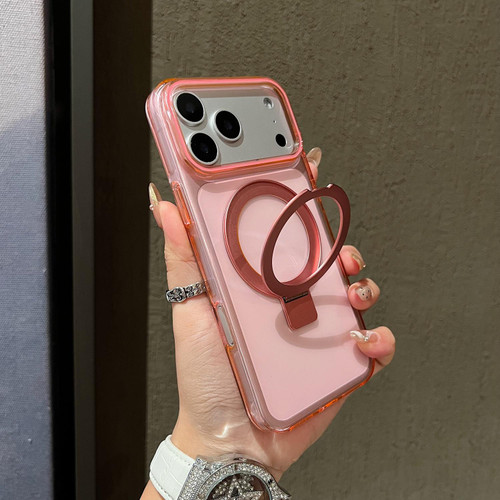 iPhone 17 Pro Transparent Colorful Metal Ring Holder MagSafe Phone Case - Pink