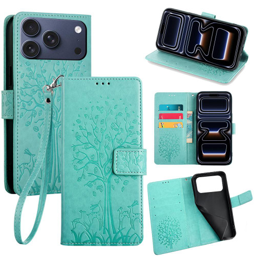iPhone 17 Pro Tree & Deer Embossed Leather Phone Case - Green