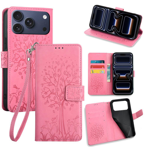iPhone 17 Pro Tree & Deer Embossed Leather Phone Case - Pink