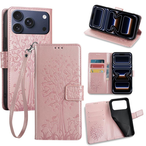 iPhone 17 Pro Tree & Deer Embossed Leather Phone Case - Rose Gold