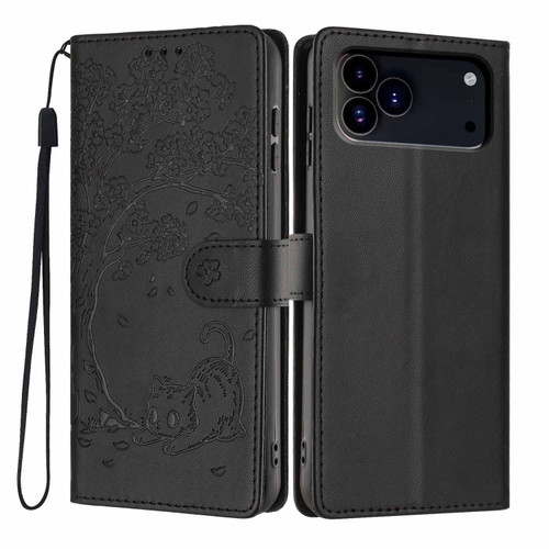 iPhone 17 Pro Tree Cat Embossed Flip Vegan Leather Phone Case - Black