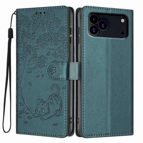 iPhone 17 Pro Tree Cat Embossed Flip Vegan Leather Phone Case - Deep Green