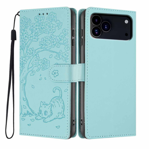 iPhone 17 Pro Tree Cat Embossed Flip Vegan Leather Phone Case - Light Green