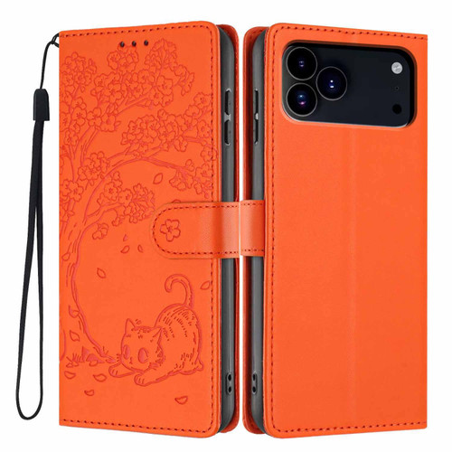 iPhone 17 Pro Tree Cat Embossed Flip Vegan Leather Phone Case - Orange