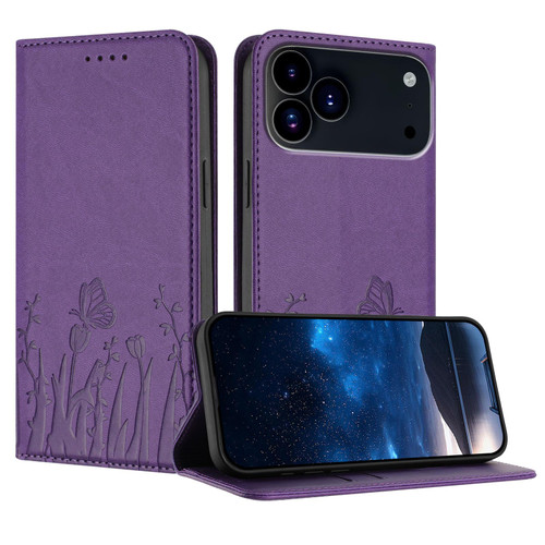 iPhone 17 Pro Tulips Butterfly Pattern Magnetic Vegan Leather Phone Case - Dark Purple