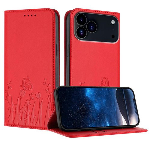 iPhone 17 Pro Tulips Butterfly Pattern Magnetic Vegan Leather Phone Case - Red