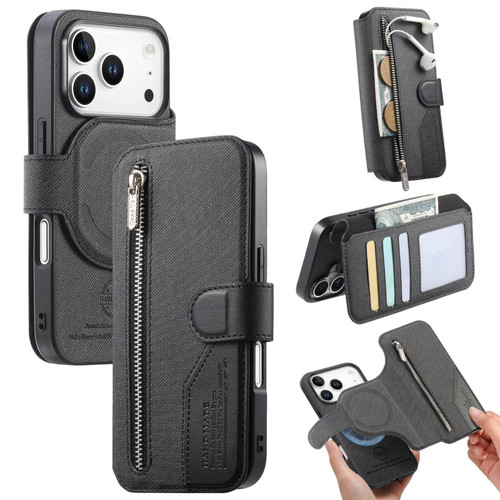 iPhone 17 Pro Twill Fabric MagSafe RFID Anti-theft Zipper Wallet Leather Phone Case - Black