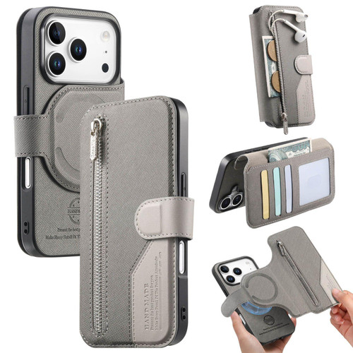 iPhone 17 Pro Twill Fabric MagSafe RFID Anti-theft Zipper Wallet Leather Phone Case - Grey