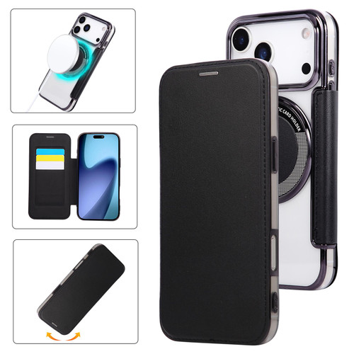 iPhone 17 Pro Ultra-thin Magnetic Plating Vegan Leather Phone Case - Black