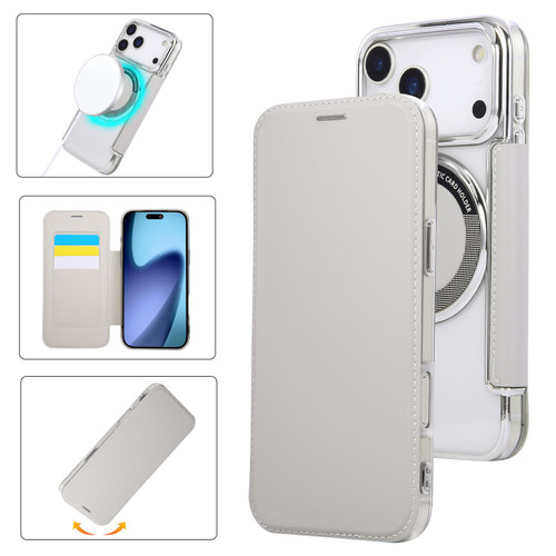 iPhone 17 Pro Ultra-thin Magnetic Plating Vegan Leather Phone Case - Grayish White
