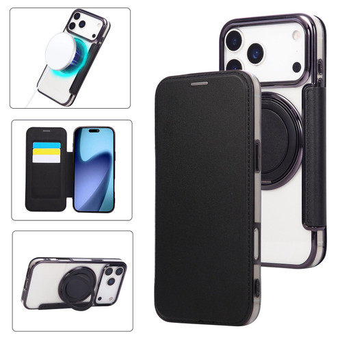 iPhone 17 Pro Ultra-thin Rotation Holder Magnetic Plating Vegan Leather Phone Case - Black