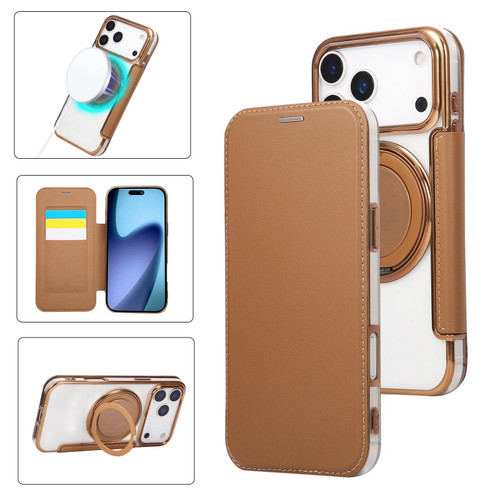 iPhone 17 Pro Ultra-thin Rotation Holder Magnetic Plating Vegan Leather Phone Case - Brown