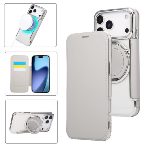 iPhone 17 Pro Ultra-thin Rotation Holder Magnetic Plating Vegan Leather Phone Case - Grayish White