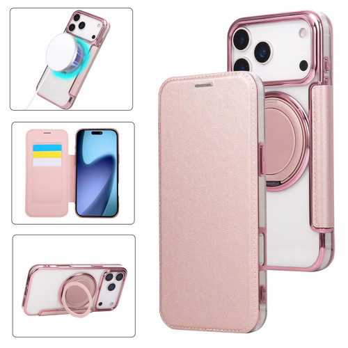 iPhone 17 Pro Ultra-thin Rotation Holder Magnetic Plating Vegan Leather Phone Case - Rose Gold