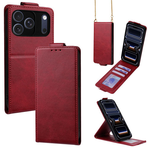 iPhone 17 Pro Vertical Flip Cover Solid Color Vegan Leather Phone Case with Crossbody Chain - Red