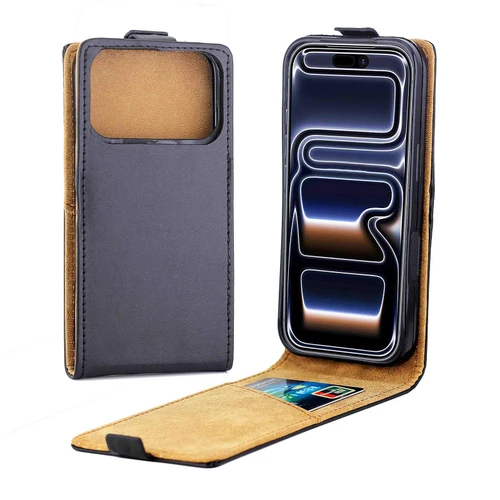 iPhone 17 Pro Vertical Flip Leather Phone Case with Card Slot - Black