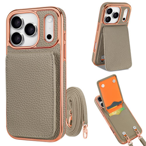 iPhone 17 Pro VIETAO Litchi Texture Wallet PU Phone Case with Lanyard - Grey