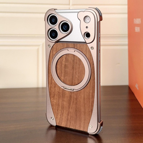 iPhone 17 Pro Walnut Metal Frameless 360 Degree Rotation Holder MagSafe Phone Case - Dessert Gold
