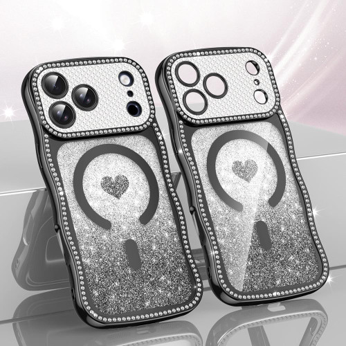 iPhone 17 Pro Wavy Frame Star Diamond Electroplate TPU Glitter Heart Magnetic Phone Case - Gradient Black