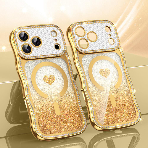 iPhone 17 Pro Wavy Frame Star Diamond Electroplate TPU Glitter Heart Magnetic Phone Case - Gradient Gold
