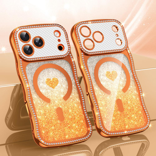 iPhone 17 Pro Wavy Frame Star Diamond Electroplate TPU Glitter Heart Magnetic Phone Case - Gradient Orange