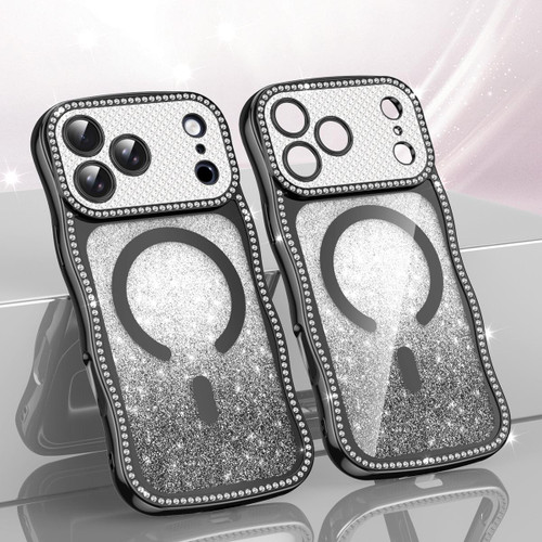 iPhone 17 Pro Wavy Frame Star Diamond Electroplate TPU Glitter Magnetic Phone Case - Gradient Black