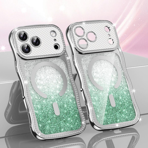 iPhone 17 Pro Wavy Frame Star Diamond Electroplate TPU Glitter Magnetic Phone Case - Gradient Green